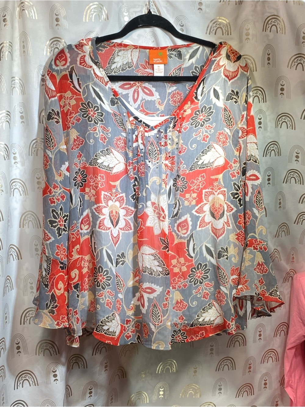 hearts of palm Coral & Slate Floral Tie-Neck Peasant Blouse